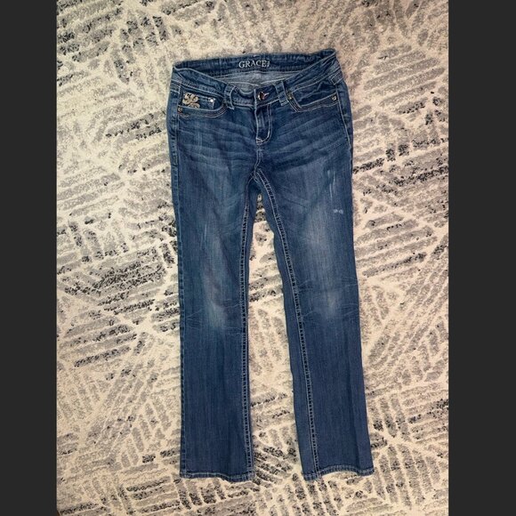 GRACE Size 28 Dark Blue Bootcut Jeans Low Rise Embellished Pockets Medium Blue - Picture 3 of 13